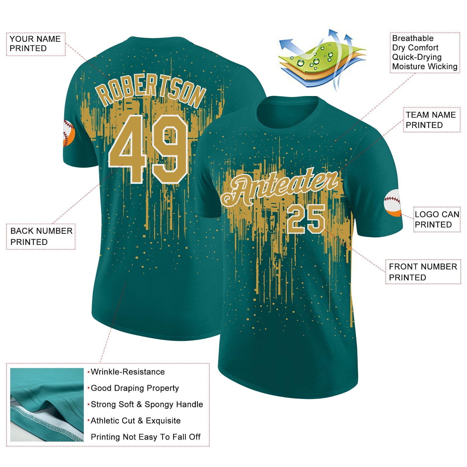Custom Teal Old Gold-White Dripping Splatter Paint Performance T-Shirt view 2