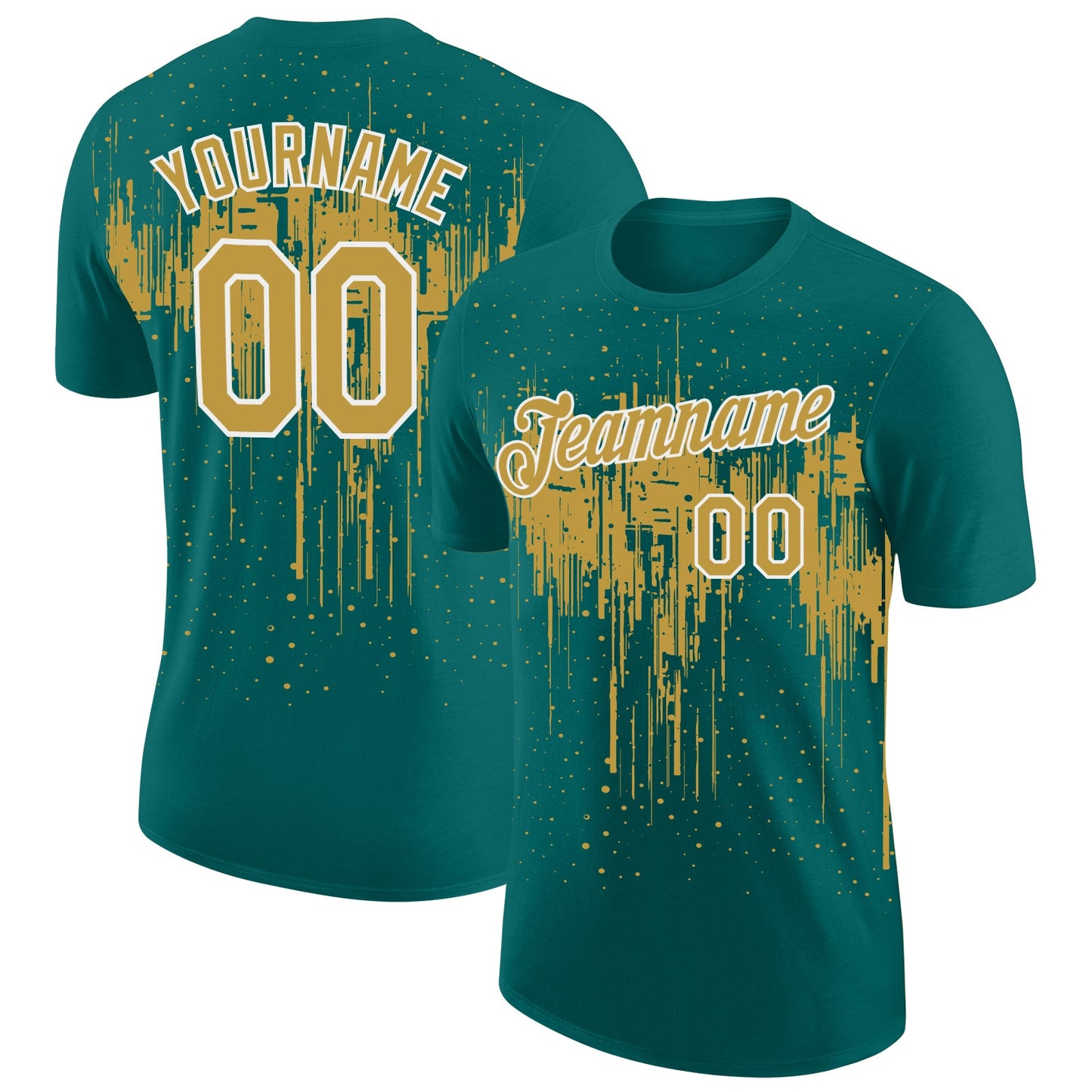 Custom Teal Old Gold-White Dripping Splatter Paint Performance T-Shirt - Main View