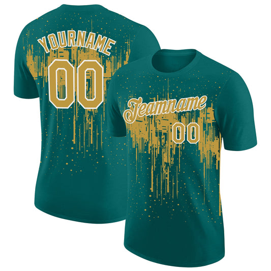 Custom Teal Old Gold-White Dripping Splatter Paint Performance T-Shirt - Main View