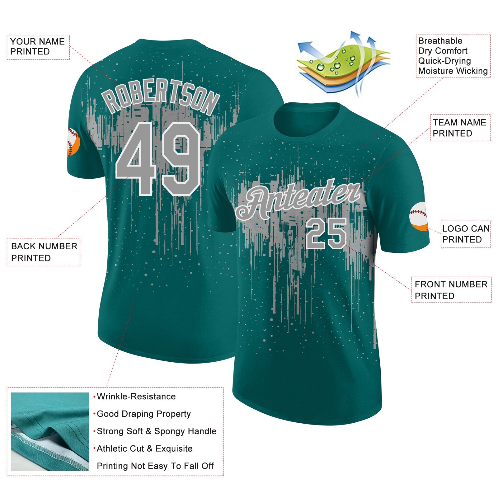 Custom Teal Gray-White Dripping Splatter Paint Performance T-Shirt view 2