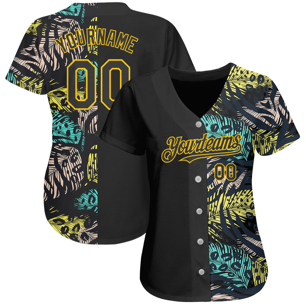 Custom Black Yellow 3D Pattern Design Hawaii Tropical Palm Leaves With Animal Print Authentic Baseball Jersey view 2