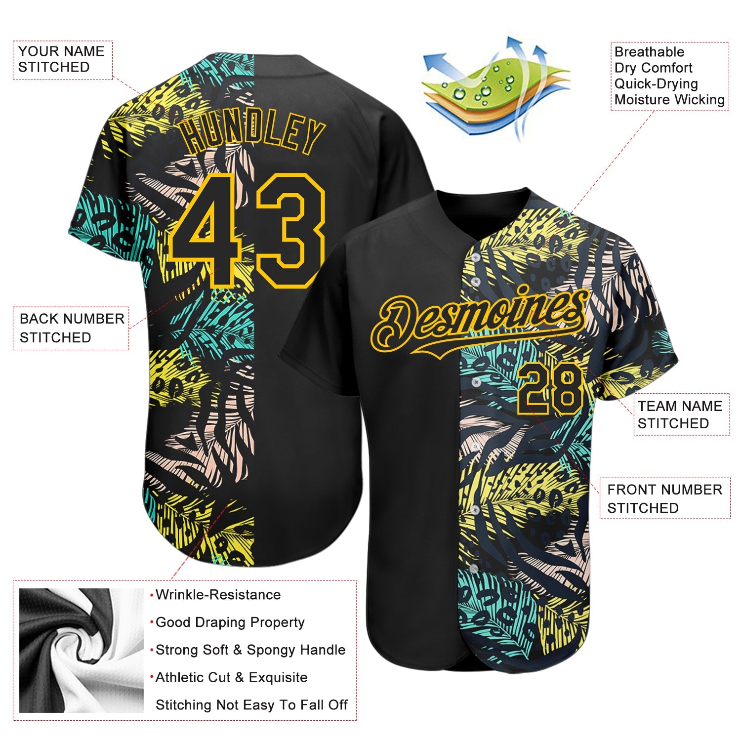 Custom Black Yellow 3D Pattern Design Hawaii Tropical Palm Leaves With Animal Print Authentic Baseball Jersey view 3