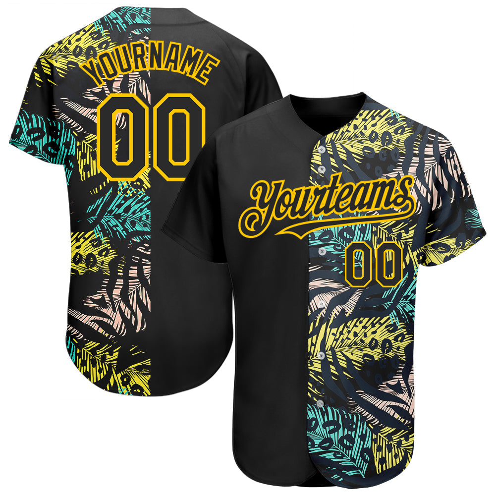 Custom Black Yellow 3D Pattern Design Hawaii Tropical Palm Leaves With Animal Print Authentic Baseball Jersey - Main View