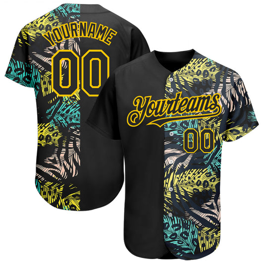 Custom Black Yellow 3D Pattern Design Hawaii Tropical Palm Leaves With Animal Print Authentic Baseball Jersey - Main View