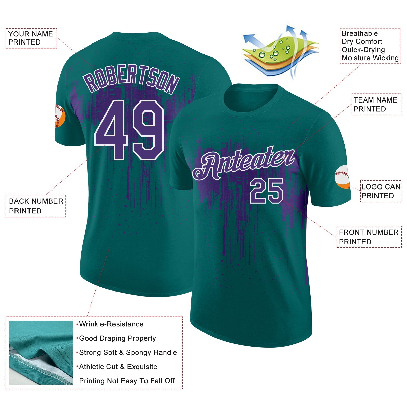 Custom Teal Purple-White Dripping Splatter Paint Performance T-Shirt view 2