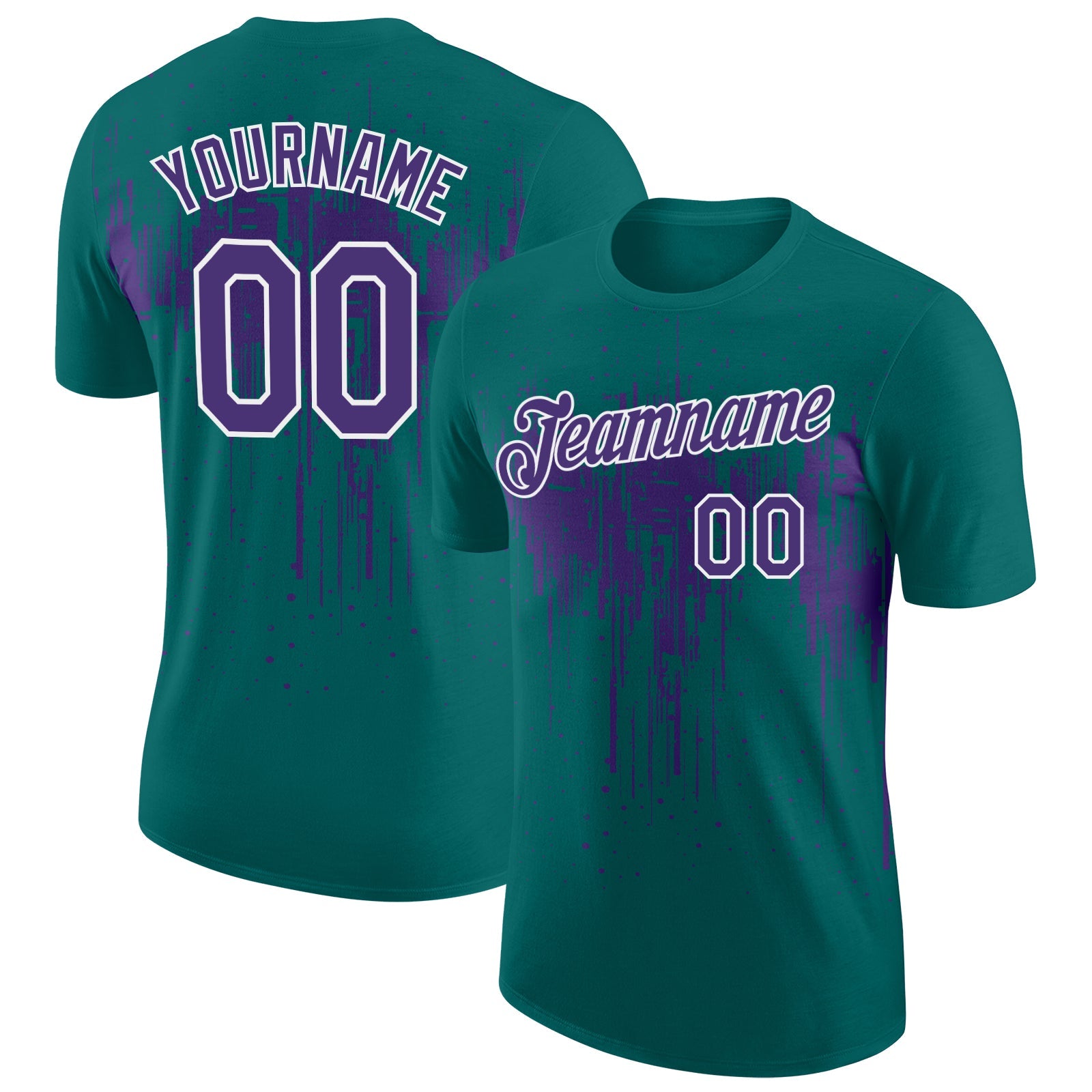 Custom Teal Purple-White Dripping Splatter Paint Performance T-Shirt - Main View