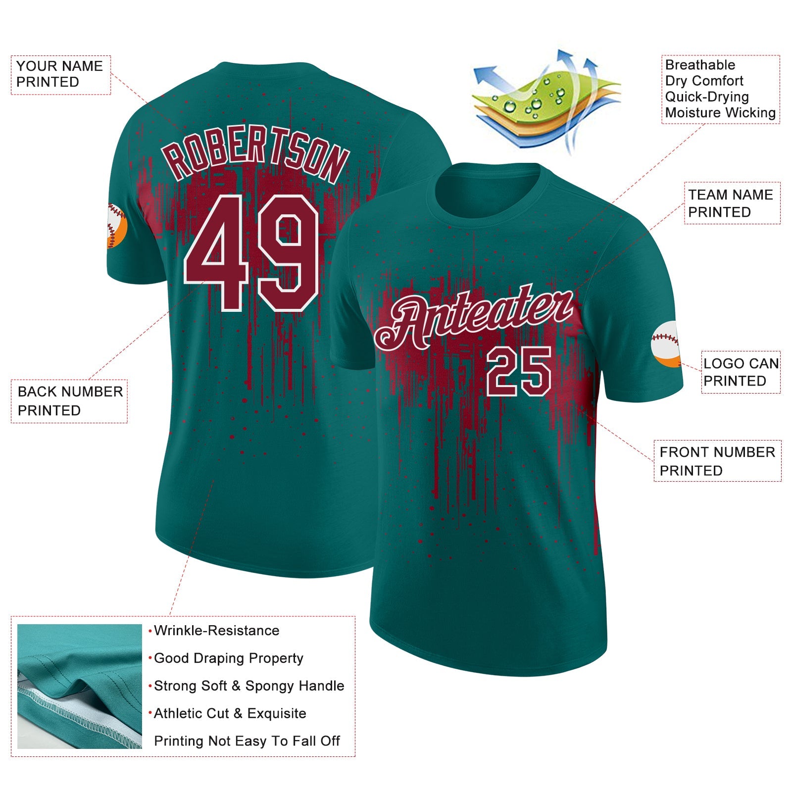 Custom Teal Crimson-White Dripping Splatter Paint Performance T-Shirt view 2