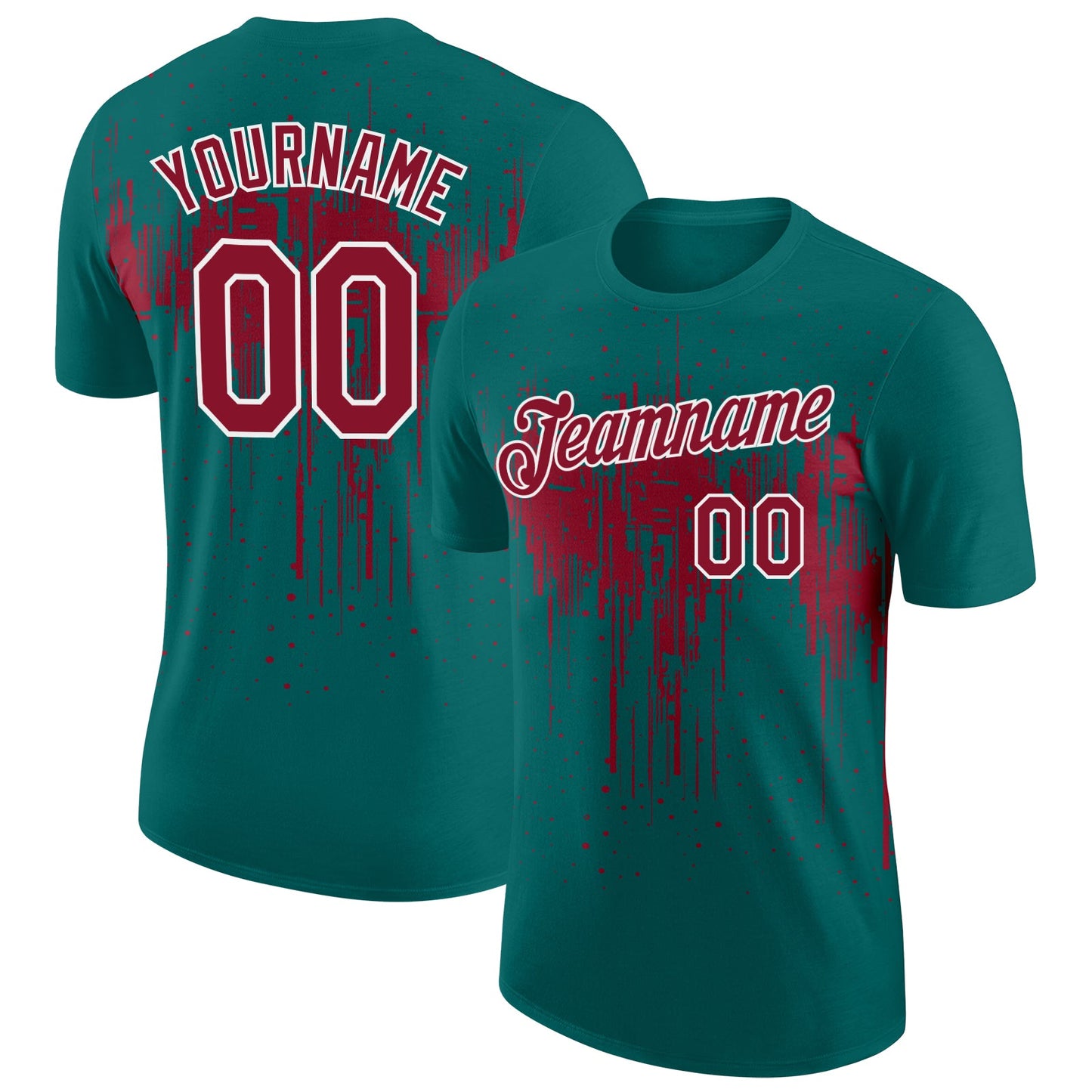 Custom Teal Crimson-White Dripping Splatter Paint Performance T-Shirt - Main View