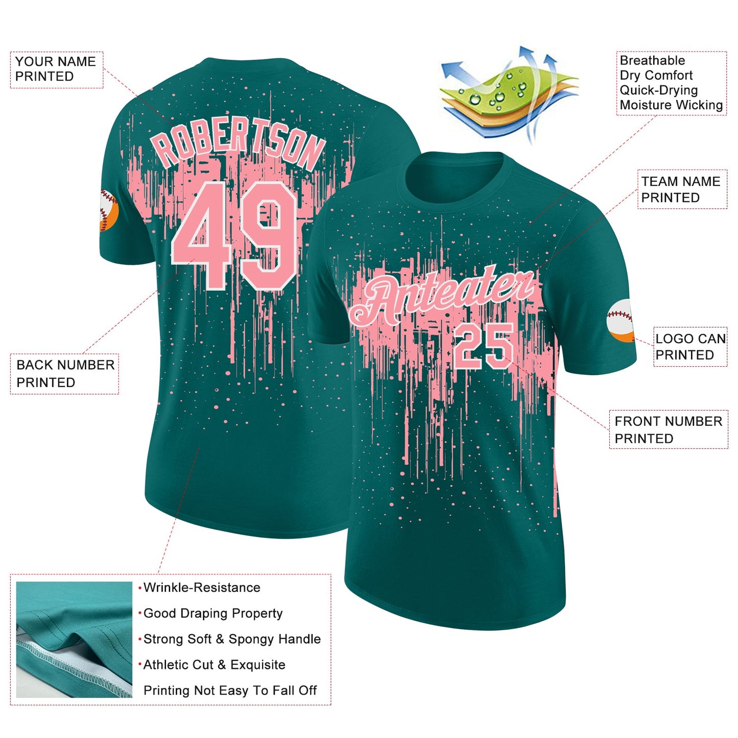 Custom Teal Medium Pink-White Dripping Splatter Paint Performance T-Shirt view 2