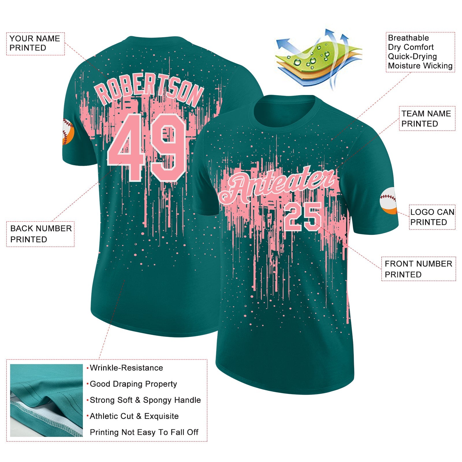 Custom Teal Medium Pink-White Dripping Splatter Paint Performance T-Shirt view 2
