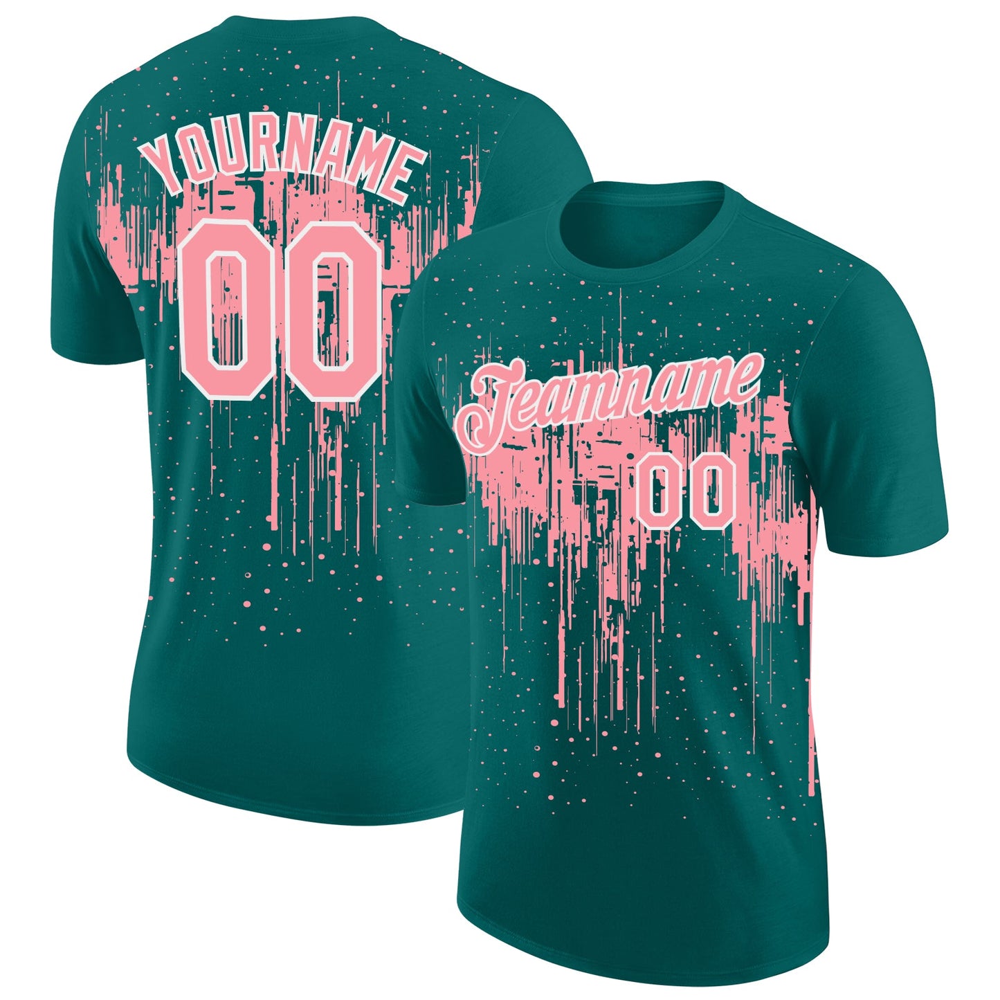 Custom Teal Medium Pink-White Dripping Splatter Paint Performance T-Shirt - Main View
