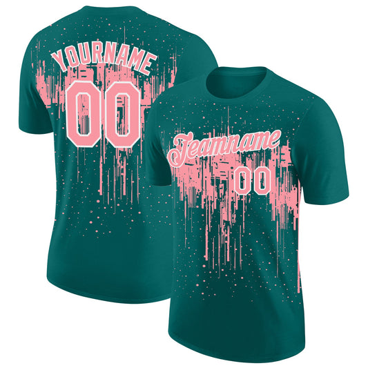 Custom Teal Medium Pink-White Dripping Splatter Paint Performance T-Shirt - Main View