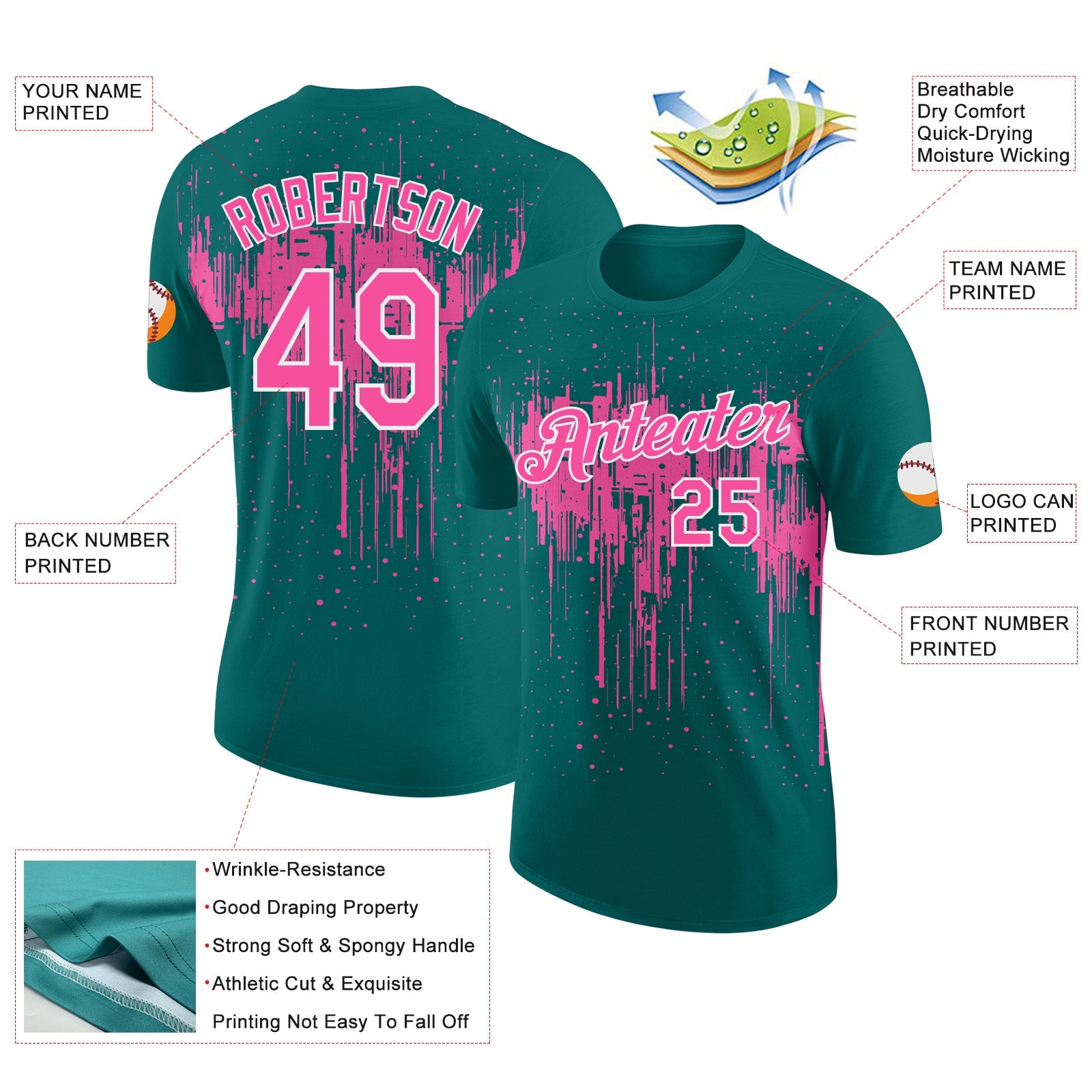 Custom Teal Pink-White Dripping Splatter Paint Performance T-Shirt view 2
