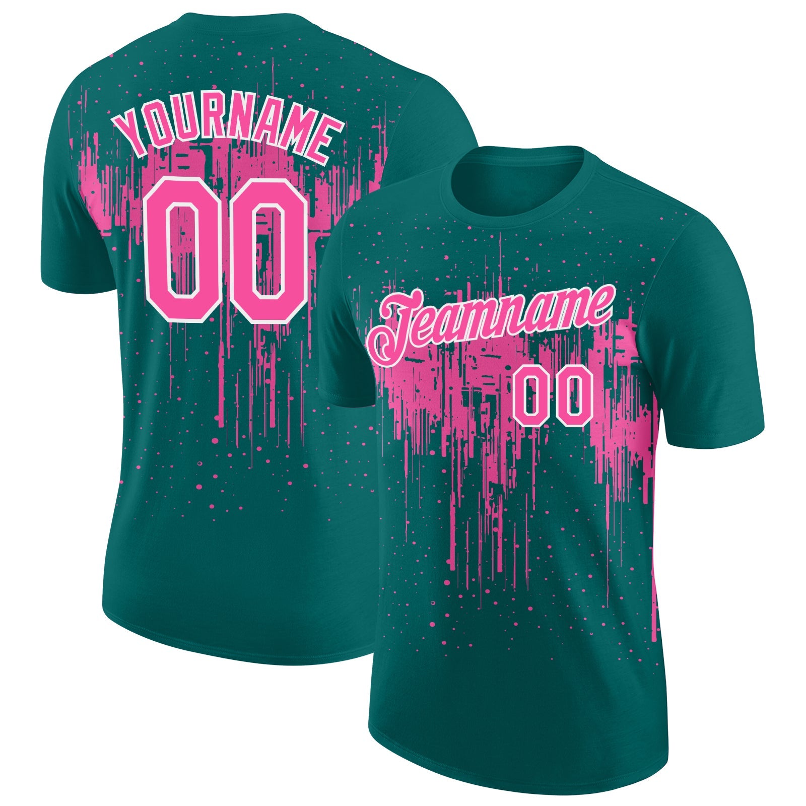Custom Teal Pink-White Dripping Splatter Paint Performance T-Shirt - Main View