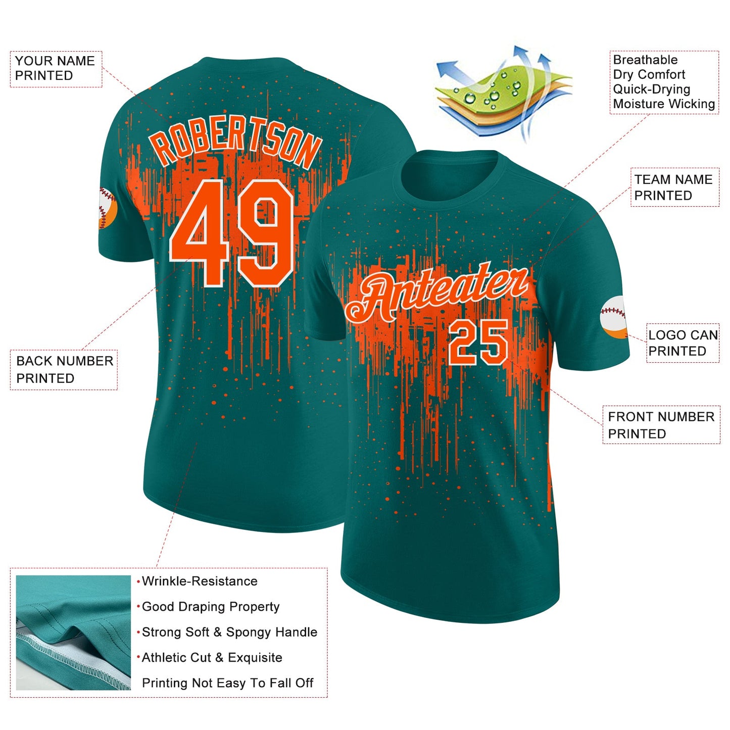 Custom Teal Orange-White Dripping Splatter Paint Performance T-Shirt view 2
