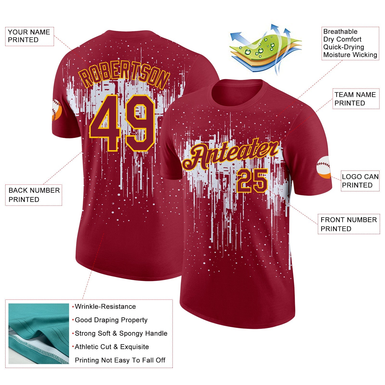 Custom Crimson White-Yellow Dripping Splatter Paint Performance T-Shirt view 2