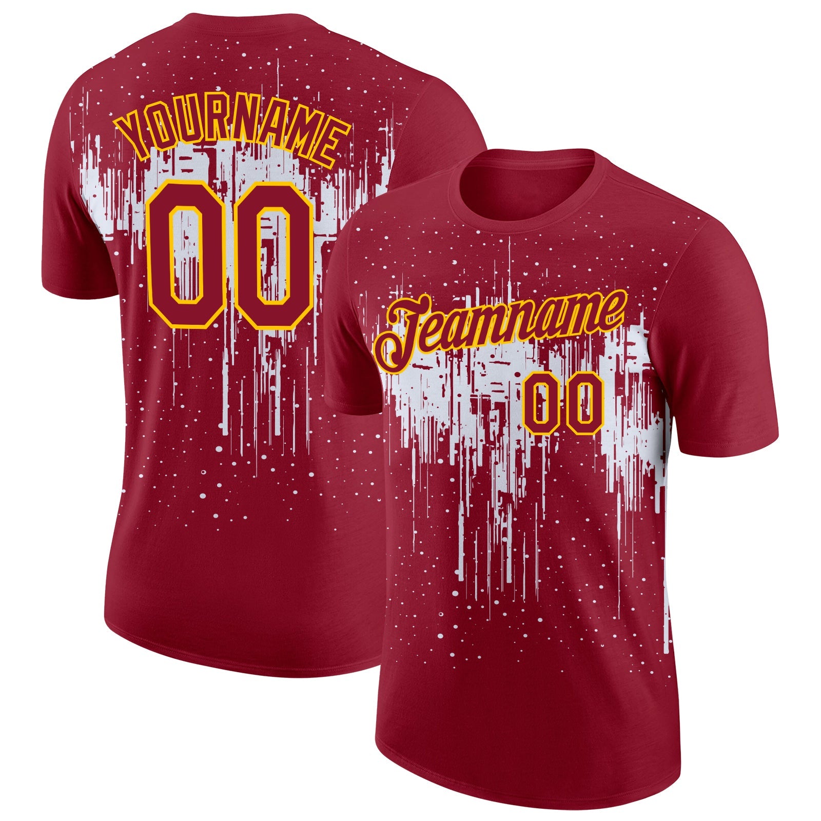 Custom Crimson White-Yellow Dripping Splatter Paint Performance T-Shirt - Main View