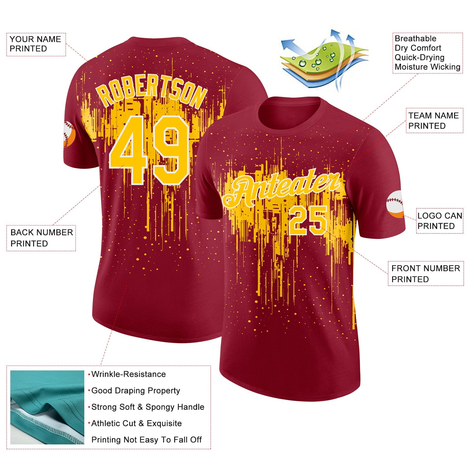 Custom Crimson Yellow-White Dripping Splatter Paint Performance T-Shirt view 2