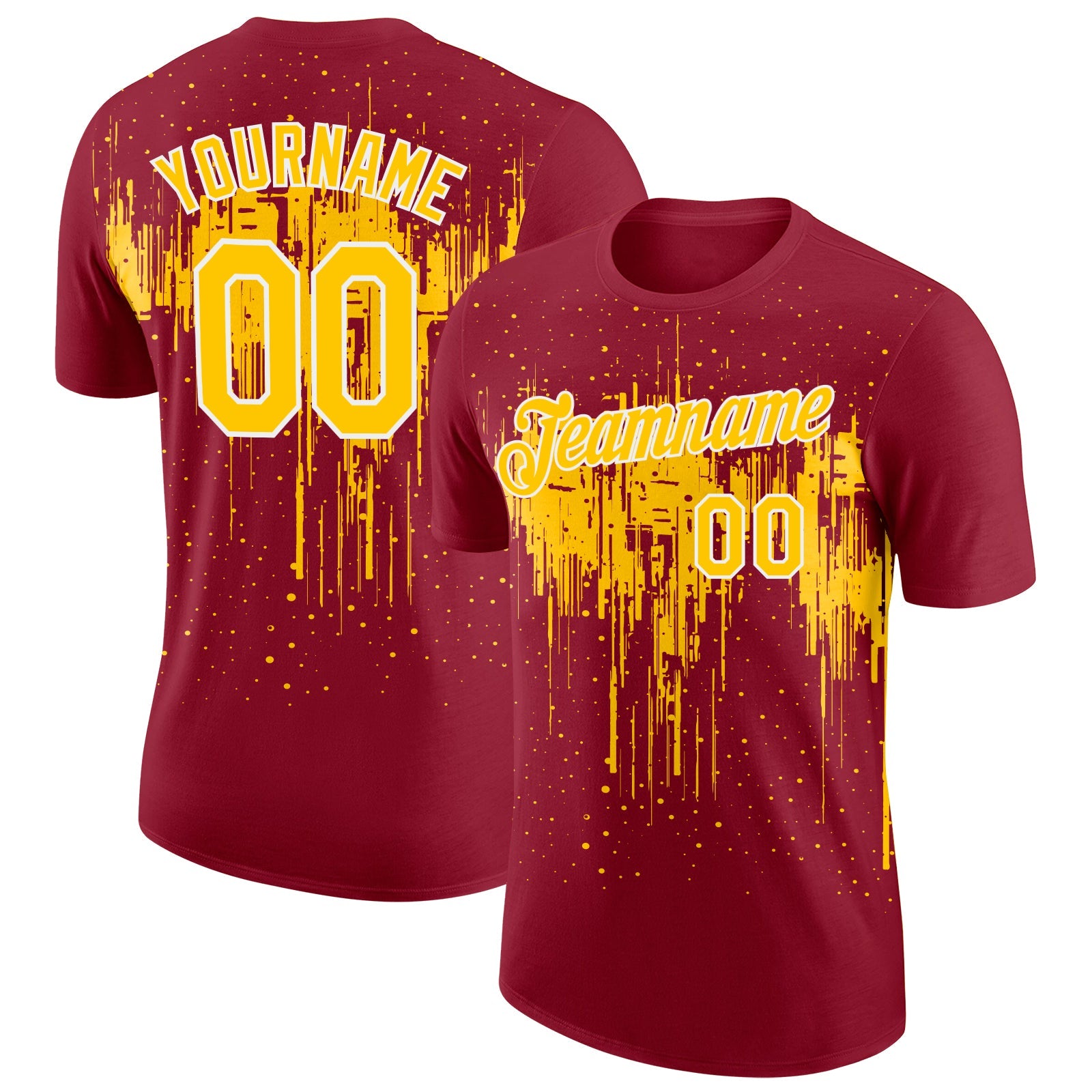 Custom Crimson Yellow-White Dripping Splatter Paint Performance T-Shirt - Main View