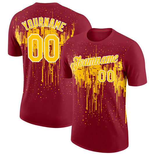 Custom Crimson Yellow-White Dripping Splatter Paint Performance T-Shirt - Main View