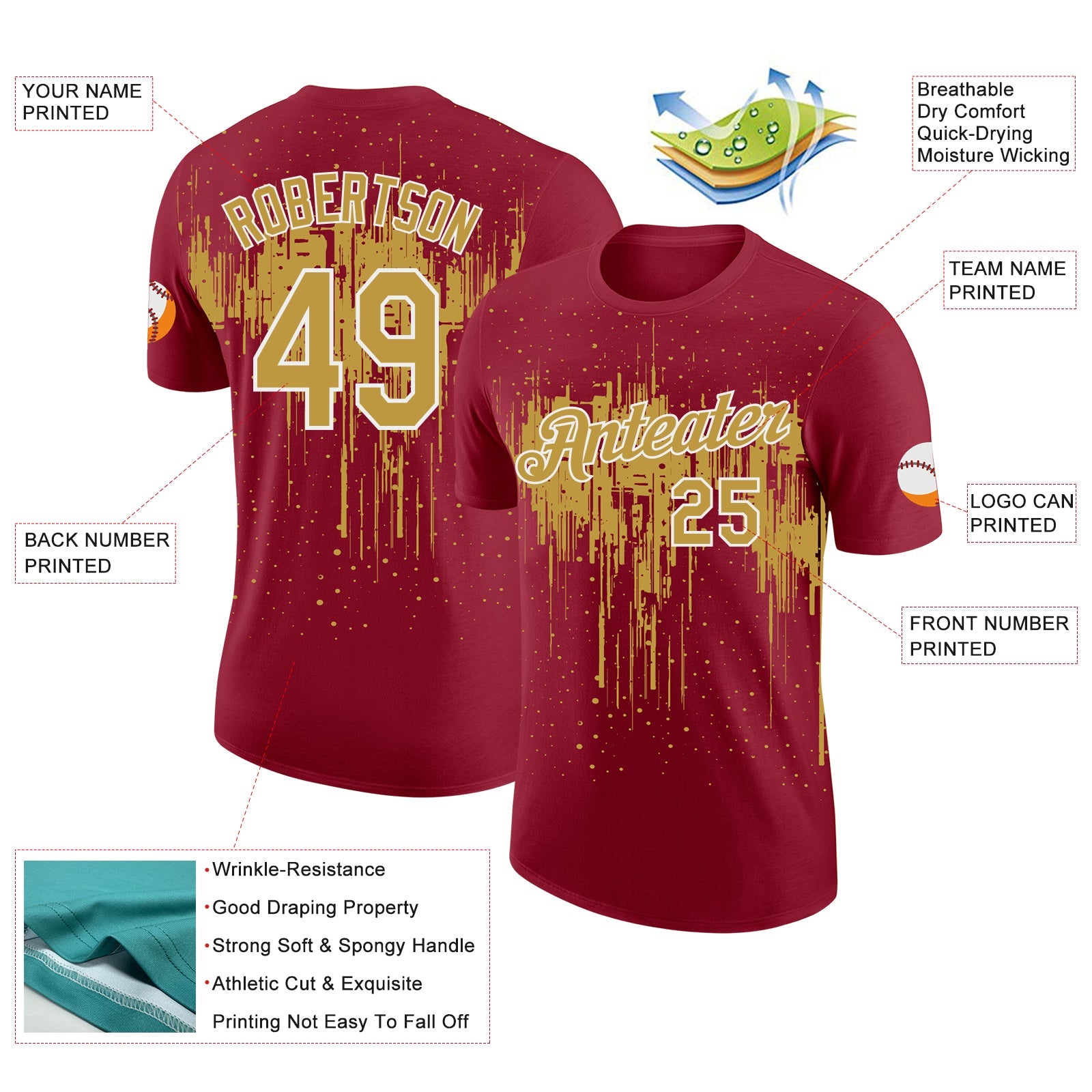 Custom Crimson Old Gold-White Dripping Splatter Paint Performance T-Shirt view 2