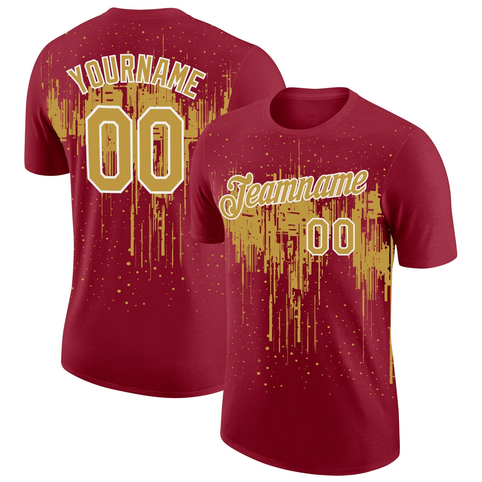 Custom Crimson Old Gold-White Dripping Splatter Paint Performance T-Shirt - Main View