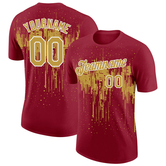 Custom Crimson Old Gold-White Dripping Splatter Paint Performance T-Shirt - Main View
