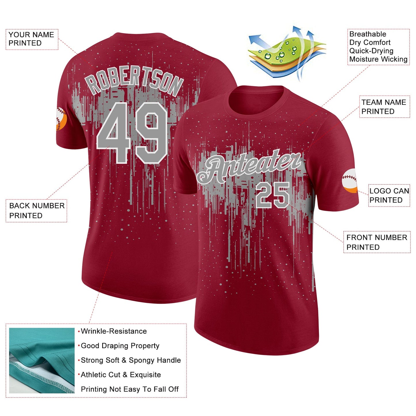 Custom Crimson Gray-White Dripping Splatter Paint Performance T-Shirt view 2
