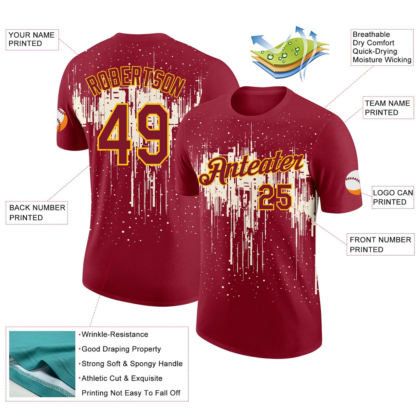 Custom Crimson Cream-Yellow Dripping Splatter Paint Performance T-Shirt view 2