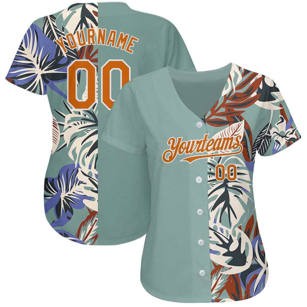 Custom Teal Texas Orange-White 3D Pattern Design Hawaii Tropical Palm Leaves Authentic Baseball Jersey view 2