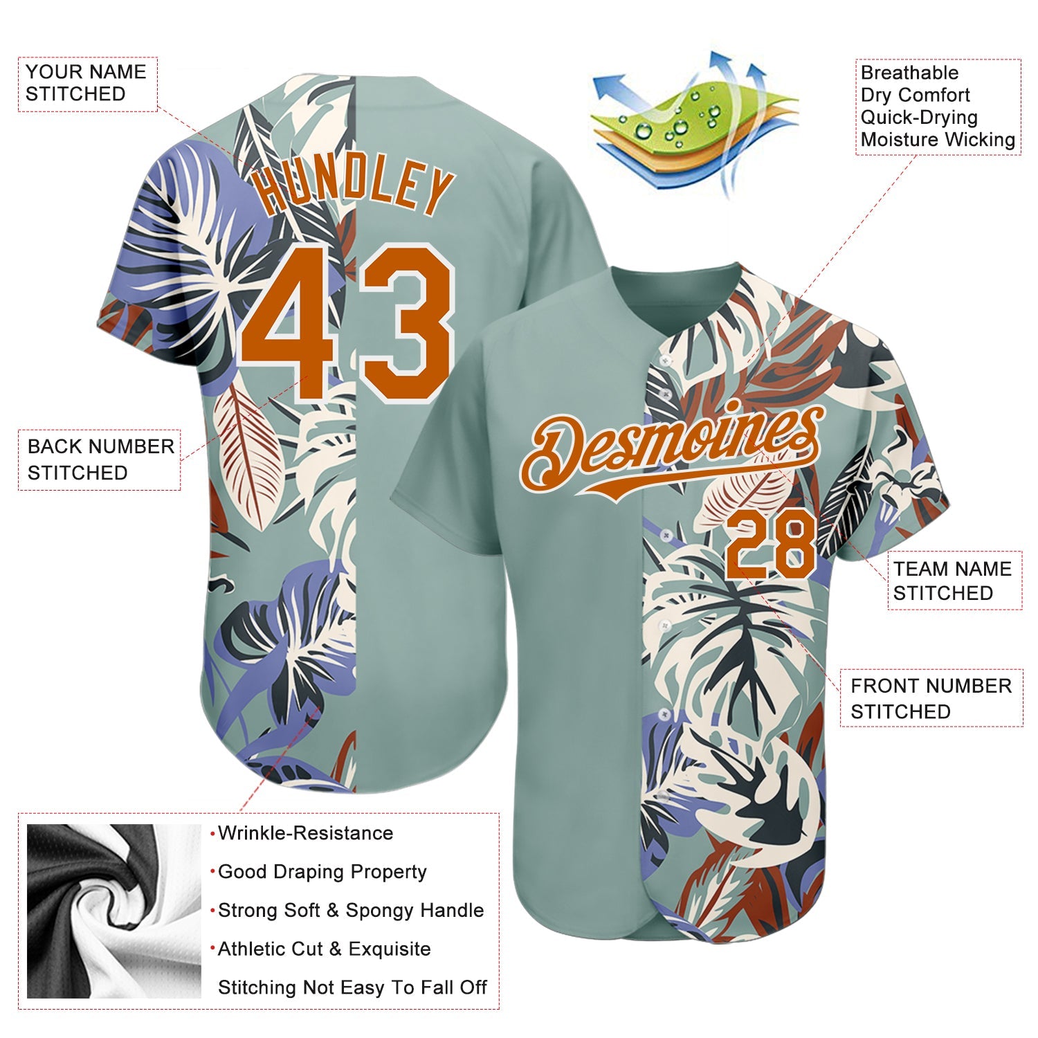 Custom Teal Texas Orange-White 3D Pattern Design Hawaii Tropical Palm Leaves Authentic Baseball Jersey view 3