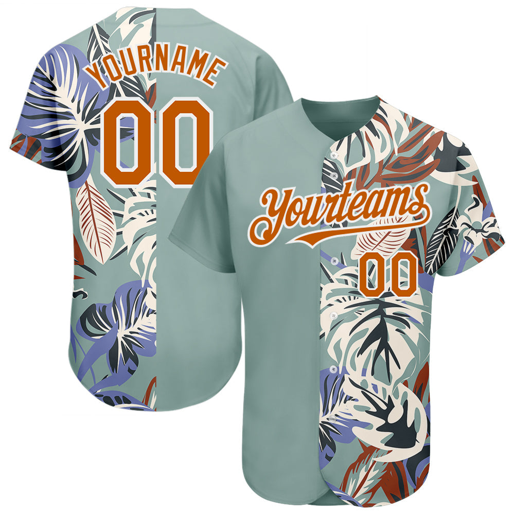 Custom Teal Texas Orange-White 3D Pattern Design Hawaii Tropical Palm Leaves Authentic Baseball Jersey - Main View
