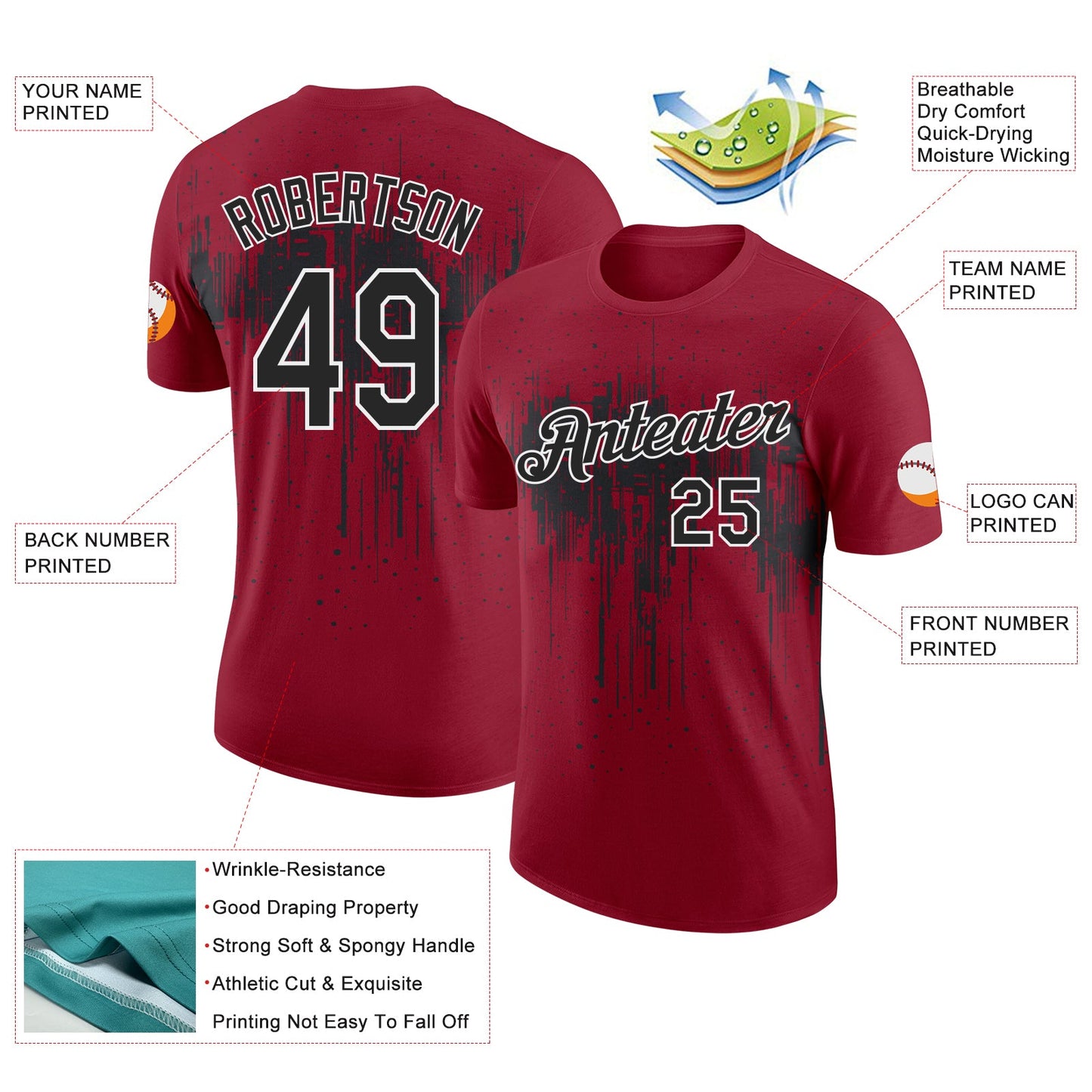 Custom Crimson Black-White Dripping Splatter Paint Performance T-Shirt view 2