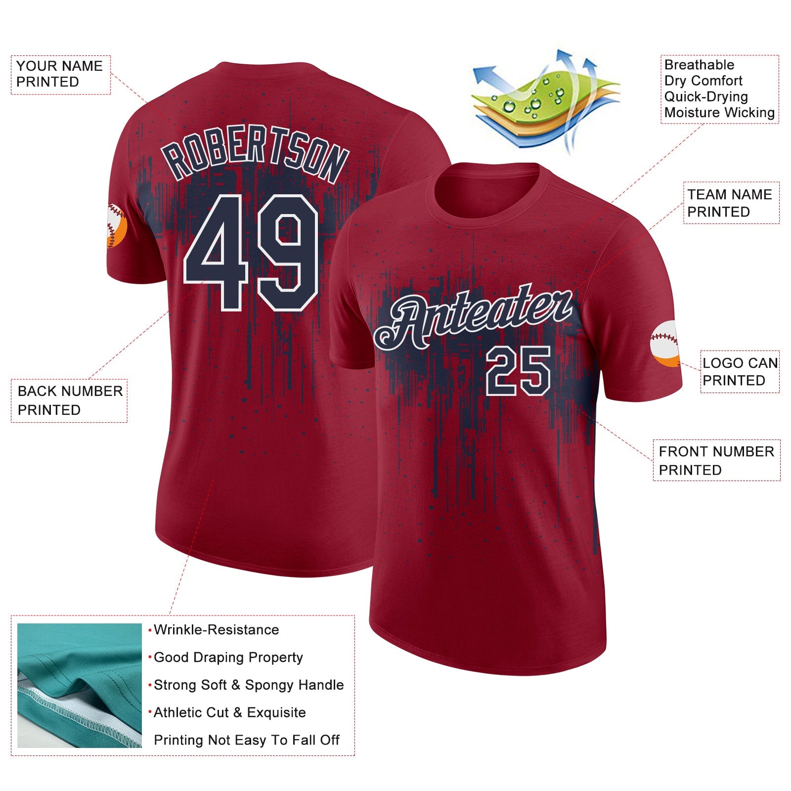 Custom Crimson Navy-White Dripping Splatter Paint Performance T-Shirt view 2