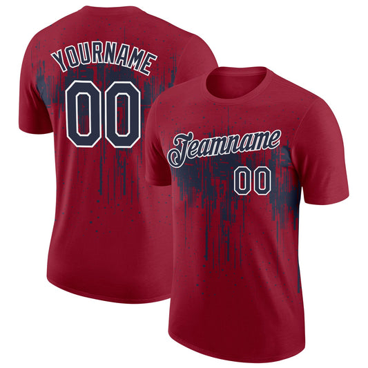 Custom Crimson Navy-White Dripping Splatter Paint Performance T-Shirt - Main View