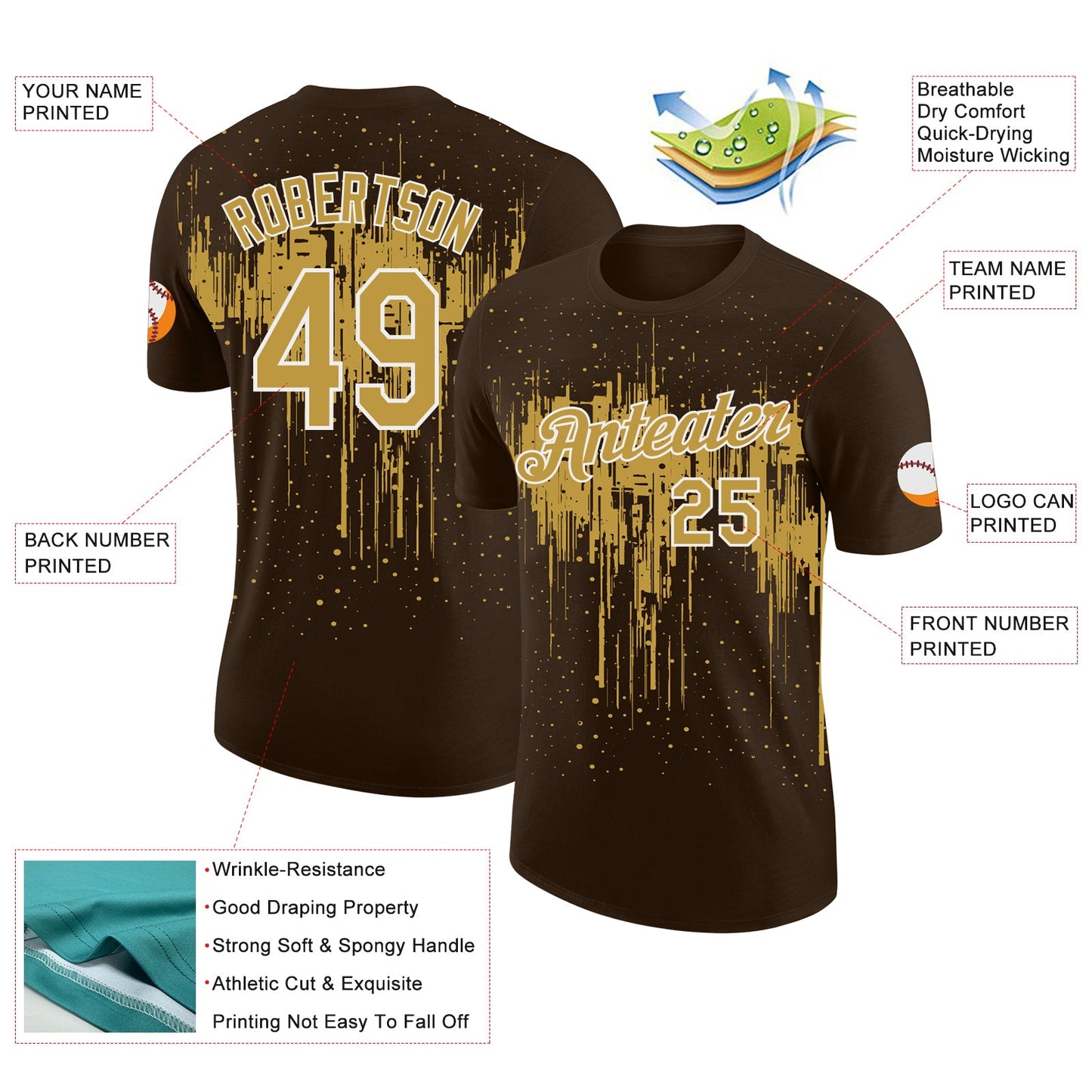 Custom Brown Old Gold-White Dripping Splatter Paint Performance T-Shirt view 2