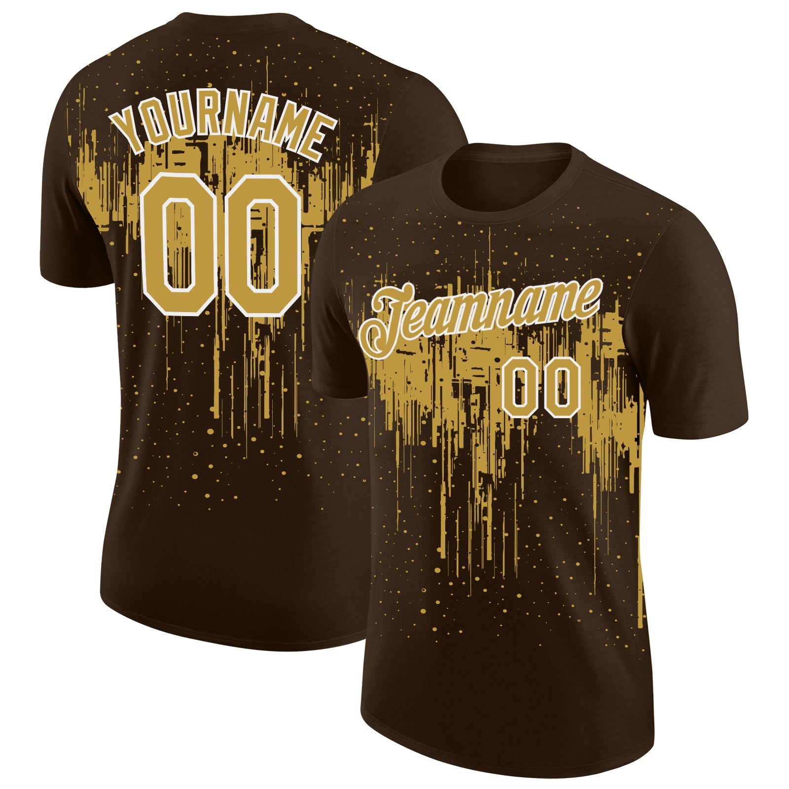 Custom Brown Old Gold-White Dripping Splatter Paint Performance T-Shirt - Main View