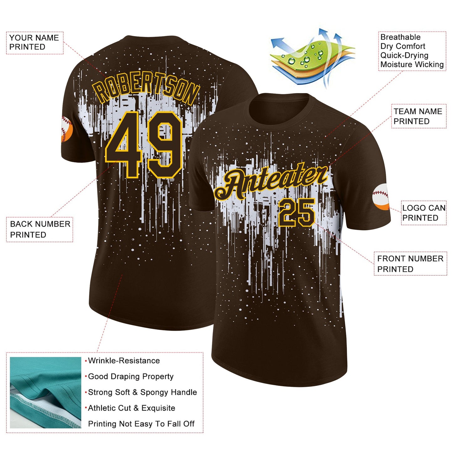 Custom Brown White-Yellow Dripping Splatter Paint Performance T-Shirt view 2