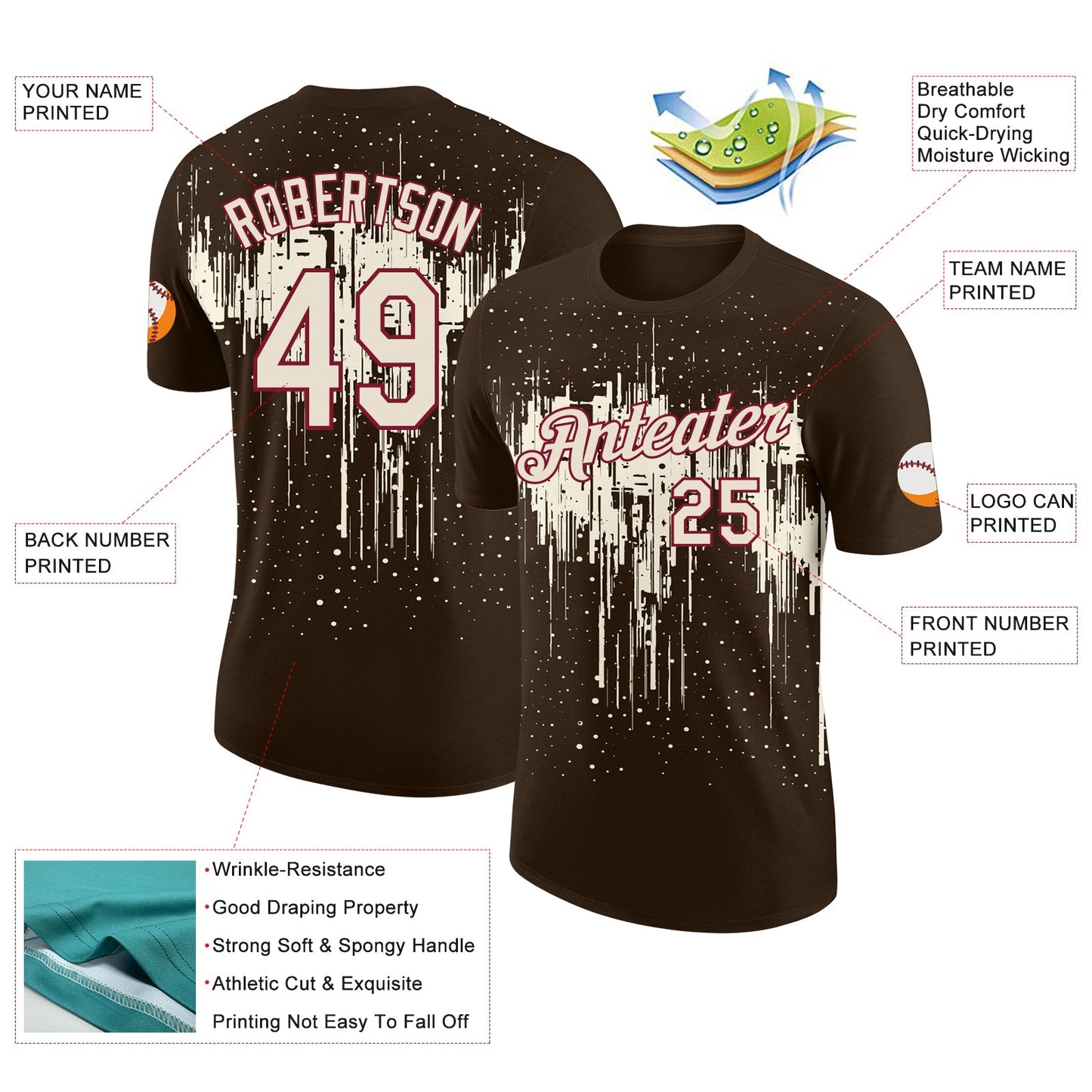 Custom Brown Cream-Crimson Dripping Splatter Paint Performance T-Shirt view 2