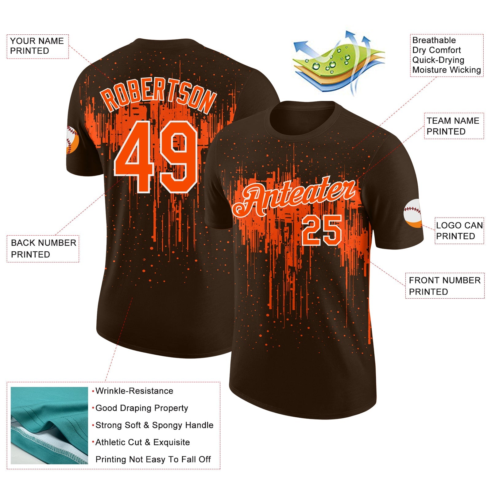 Custom Brown Orange-White Dripping Splatter Paint Performance T-Shirt view 2