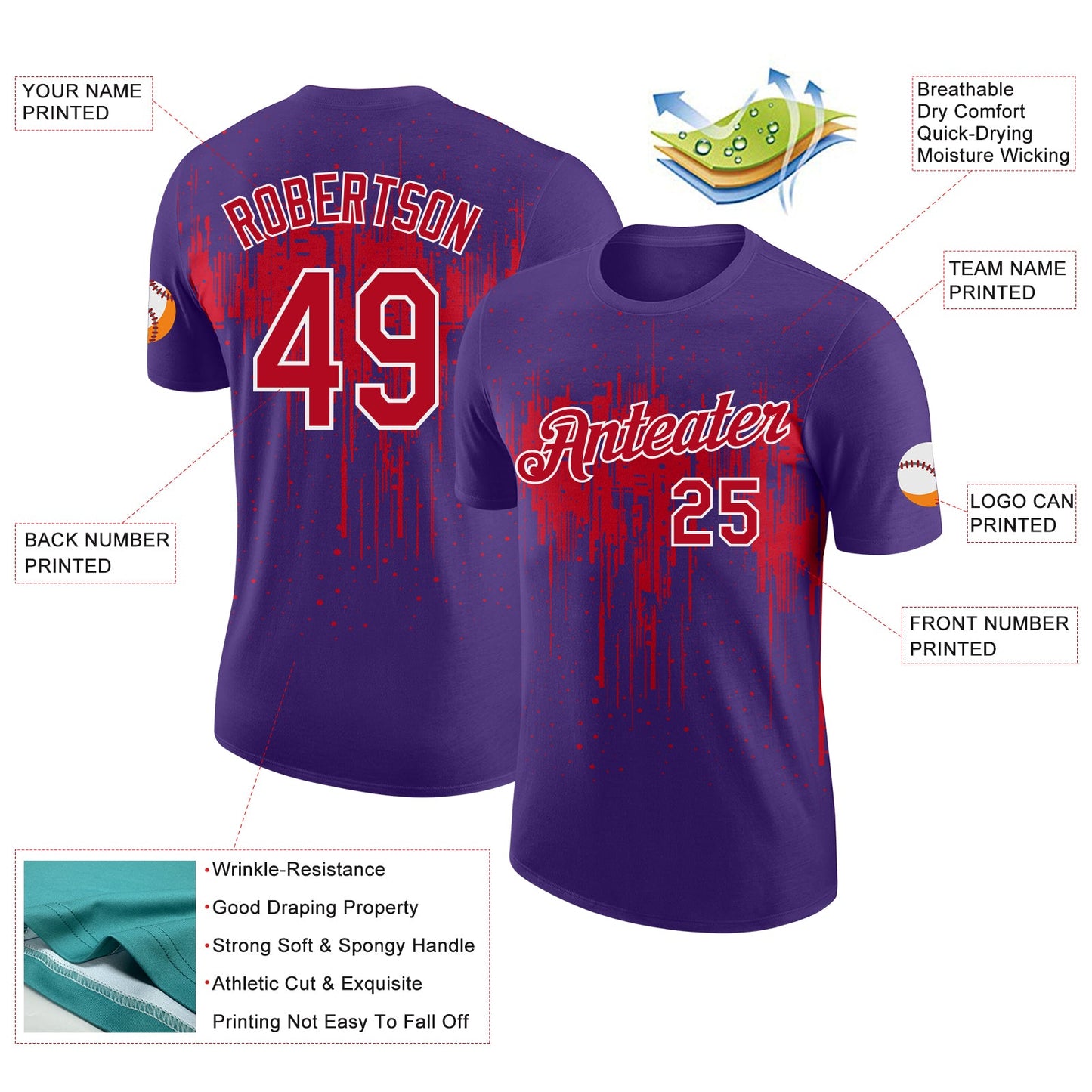 Custom Purple Red-White Dripping Splatter Paint Performance T-Shirt view 2