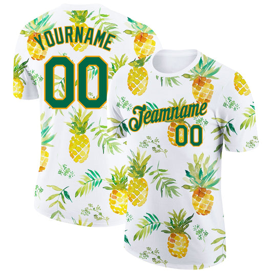 Custom White Kelly Green-Gold 3D Pattern Design Pineapples Performance T-Shirt - Main View