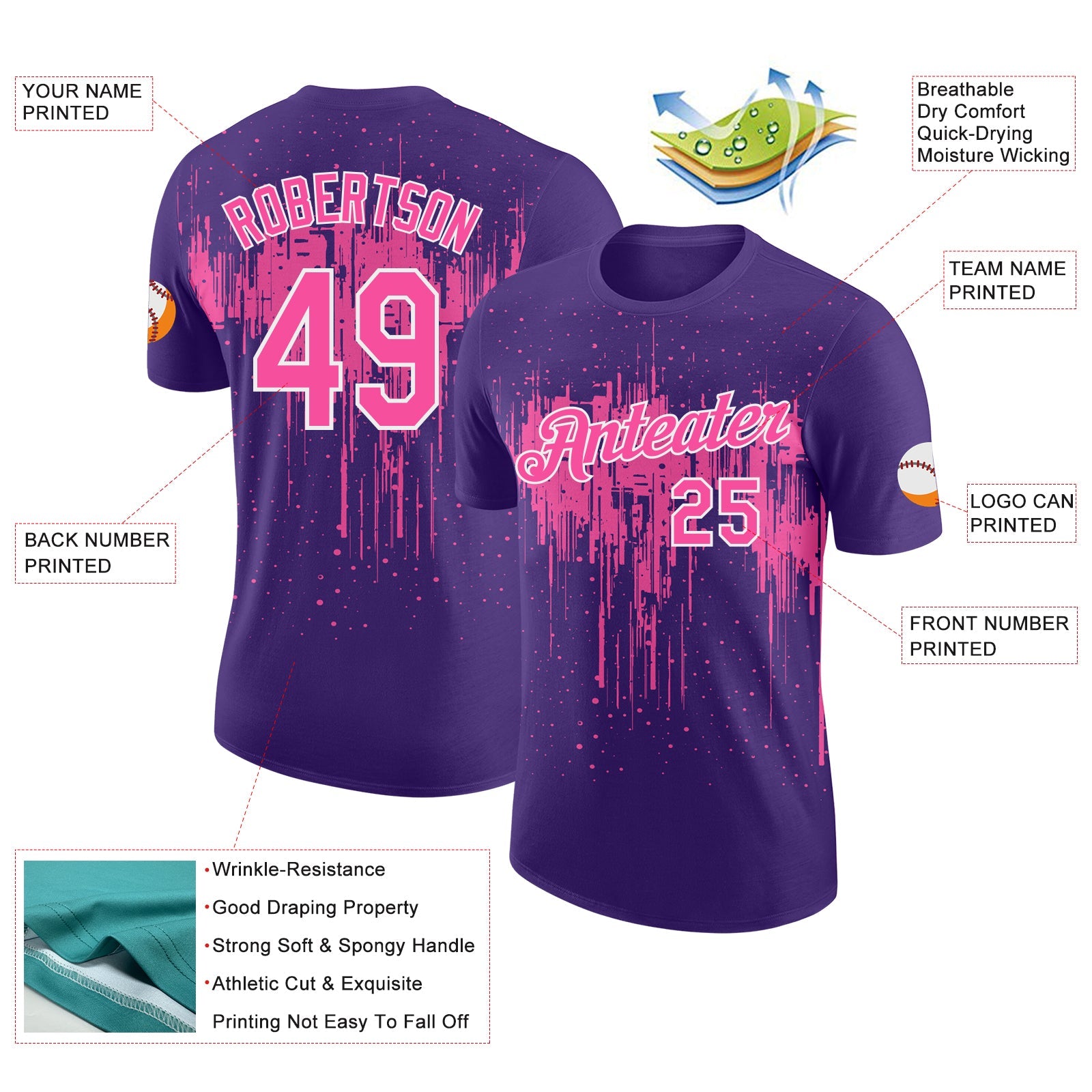 Custom Purple Pink-White Dripping Splatter Paint Performance T-Shirt view 2