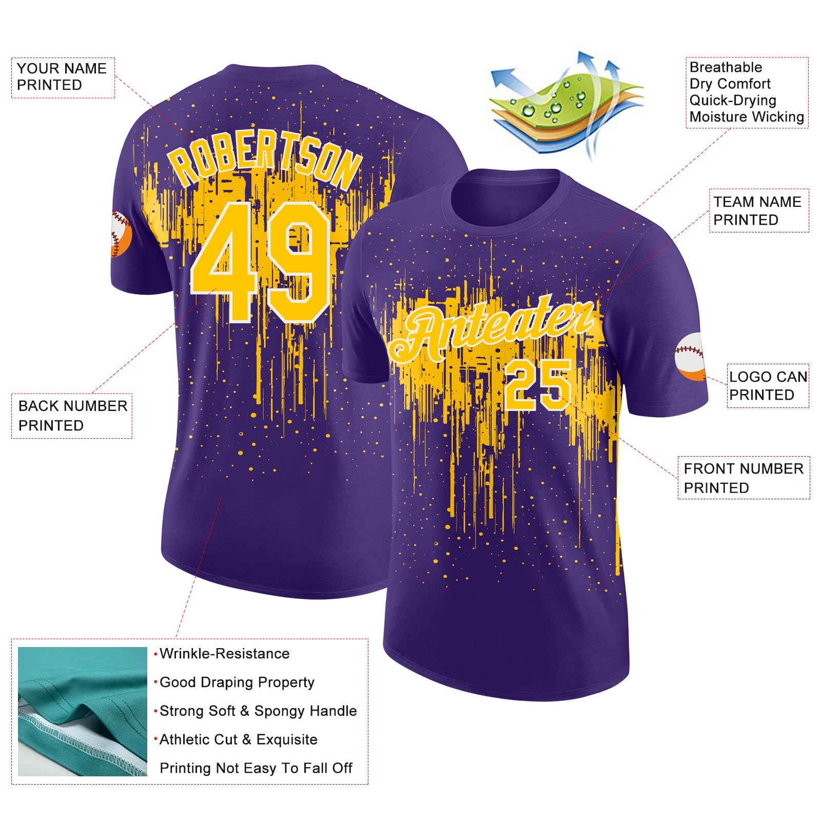 Custom Purple Yellow-White Dripping Splatter Paint Performance T-Shirt view 2