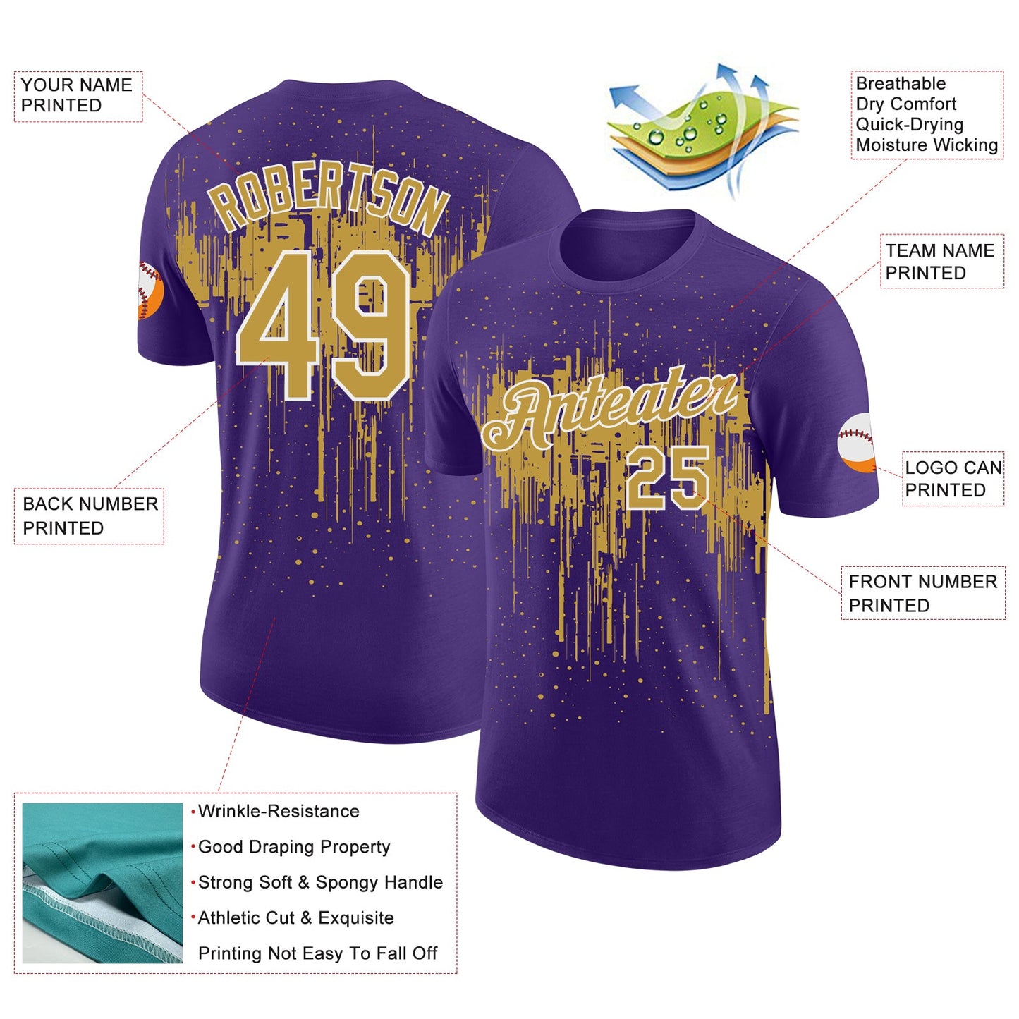 Custom Purple Old Gold-White Dripping Splatter Paint Performance T-Shirt view 2