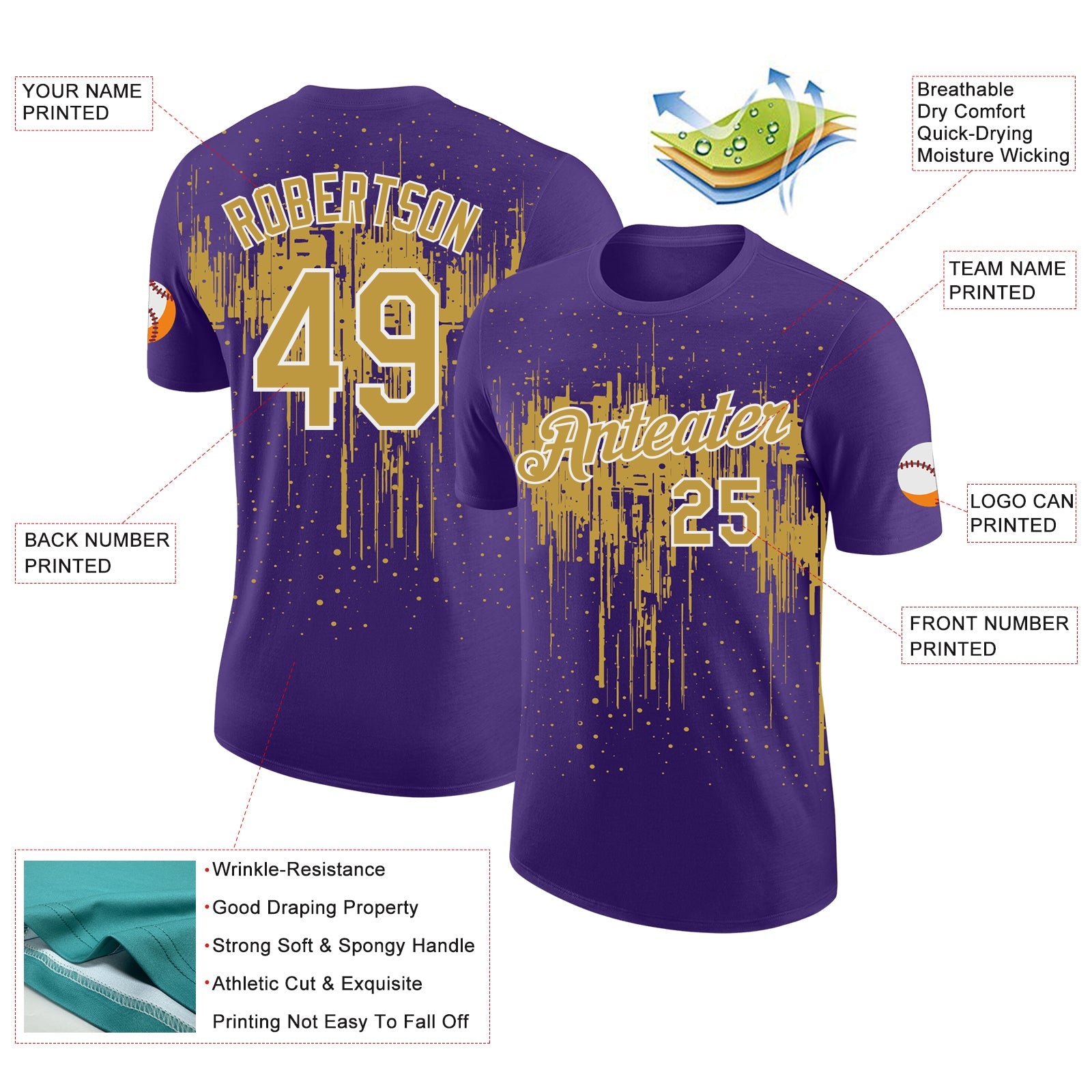 Custom Purple Old Gold-White Dripping Splatter Paint Performance T-Shirt view 2