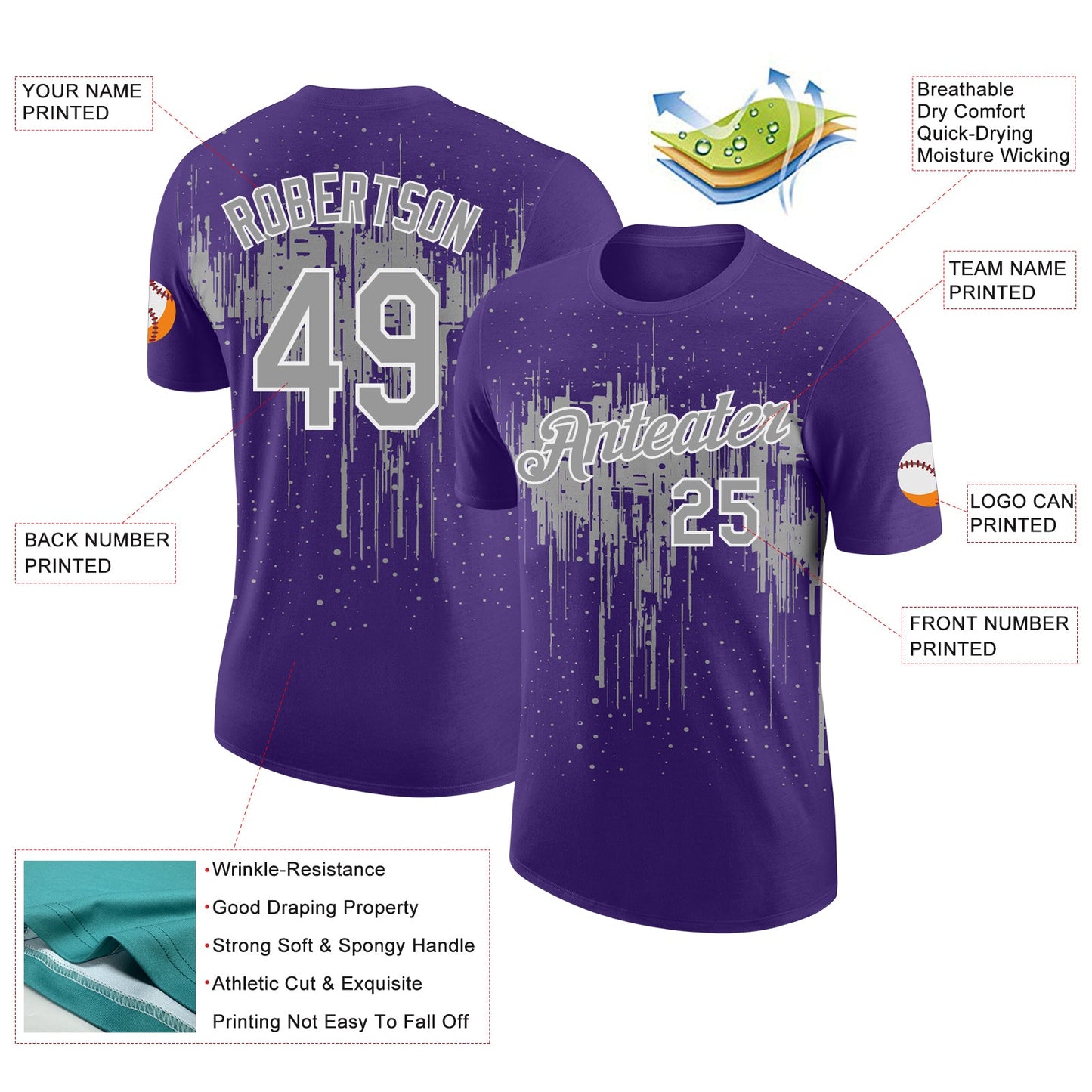 Custom Purple Gray-White Dripping Splatter Paint Performance T-Shirt view 2