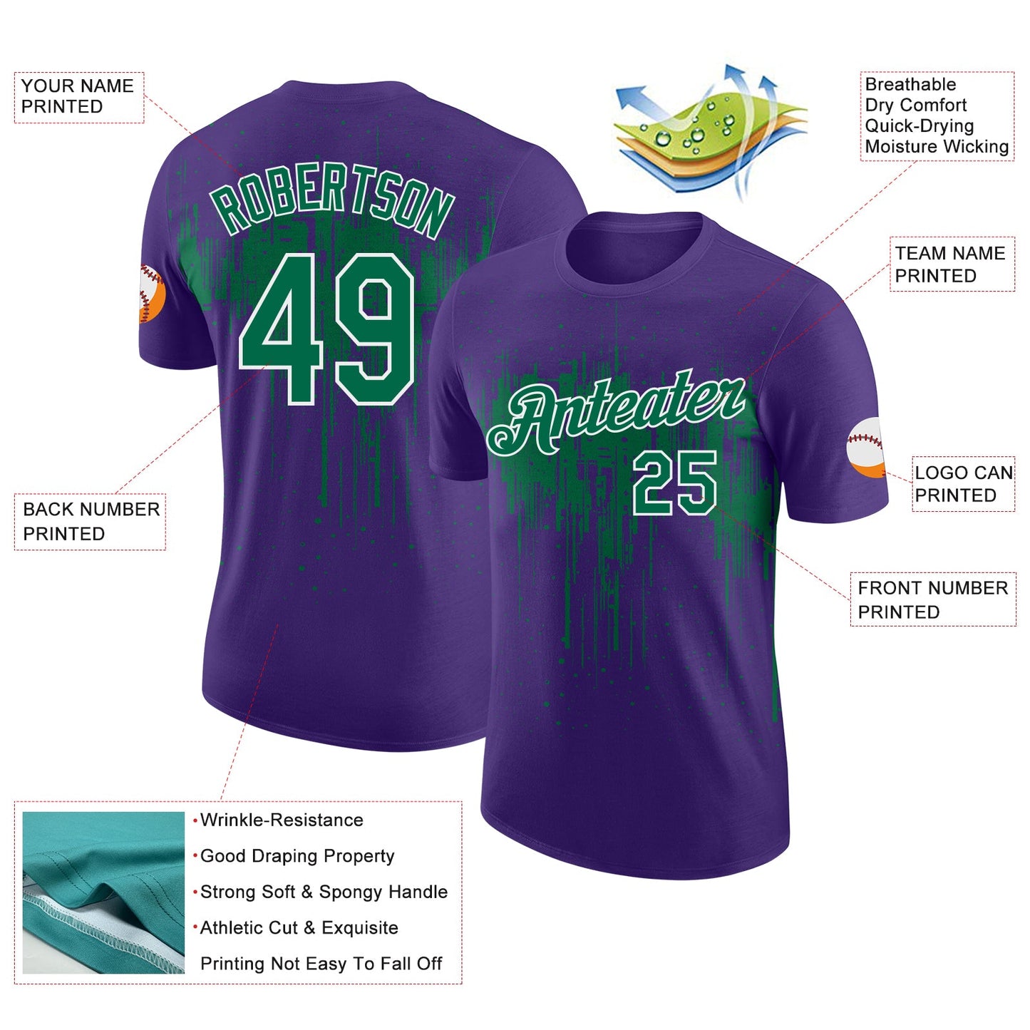 Custom Purple Kelly Green-White Dripping Splatter Paint Performance T-Shirt view 2