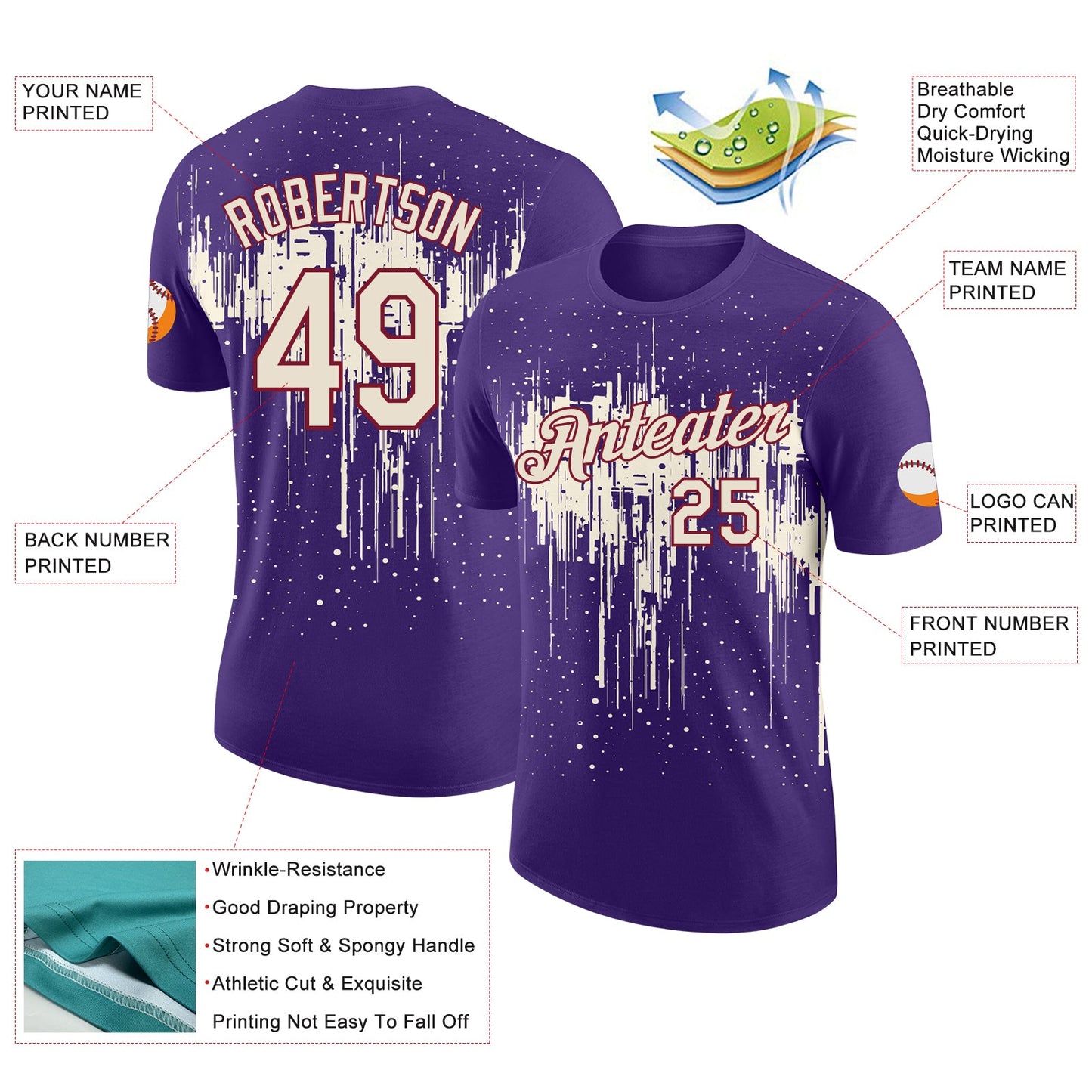 Custom Purple Cream-Crimson Dripping Splatter Paint Performance T-Shirt view 2