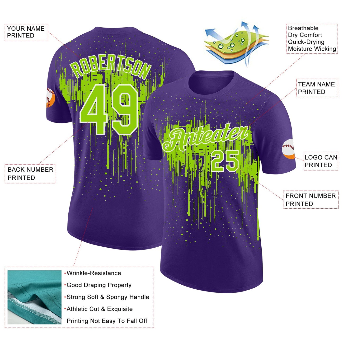 Custom Purple Neon Green-White Dripping Splatter Paint Performance T-Shirt view 2